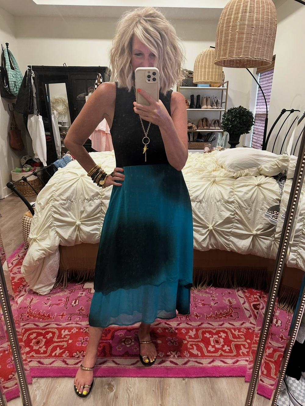 Sleeveless Black to Teal Ombre Midi Dress